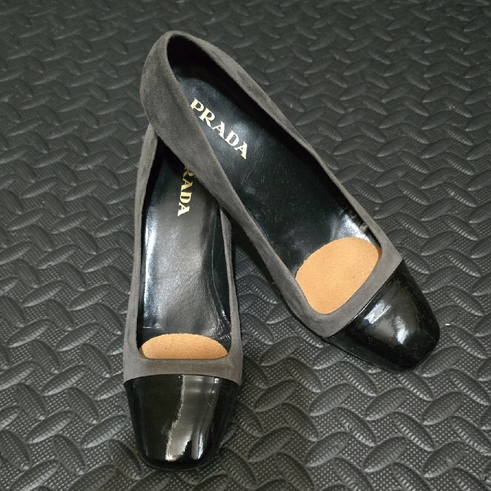 Prada Women's Glossy Black and Soft Gray Loafers